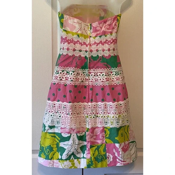 Lilly Pulitzer Women's Strapless Pink Green White Ocean Themed Dress Size 2 - Picture 2 of 7